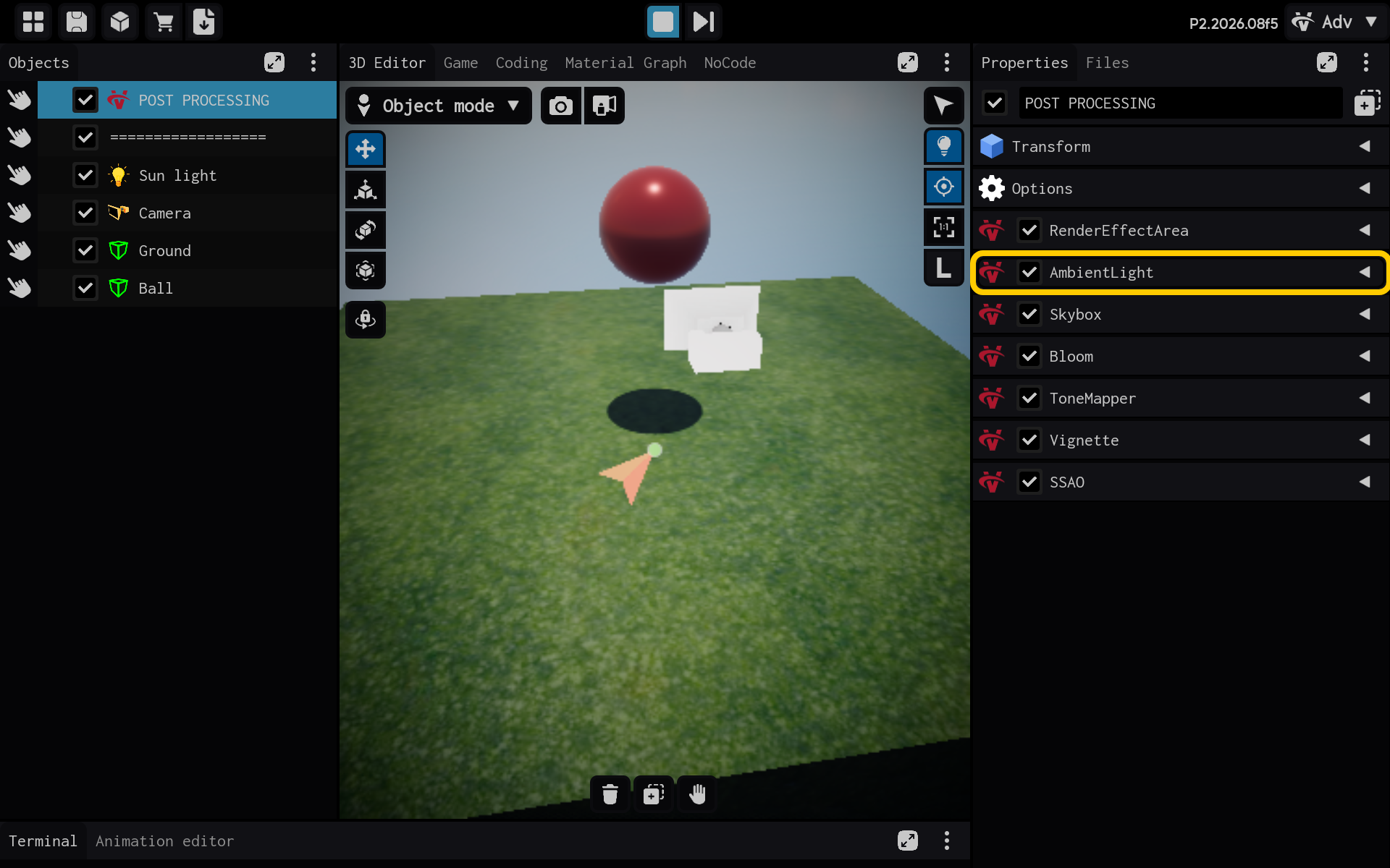 Select the AmbientLight component to view its settings.