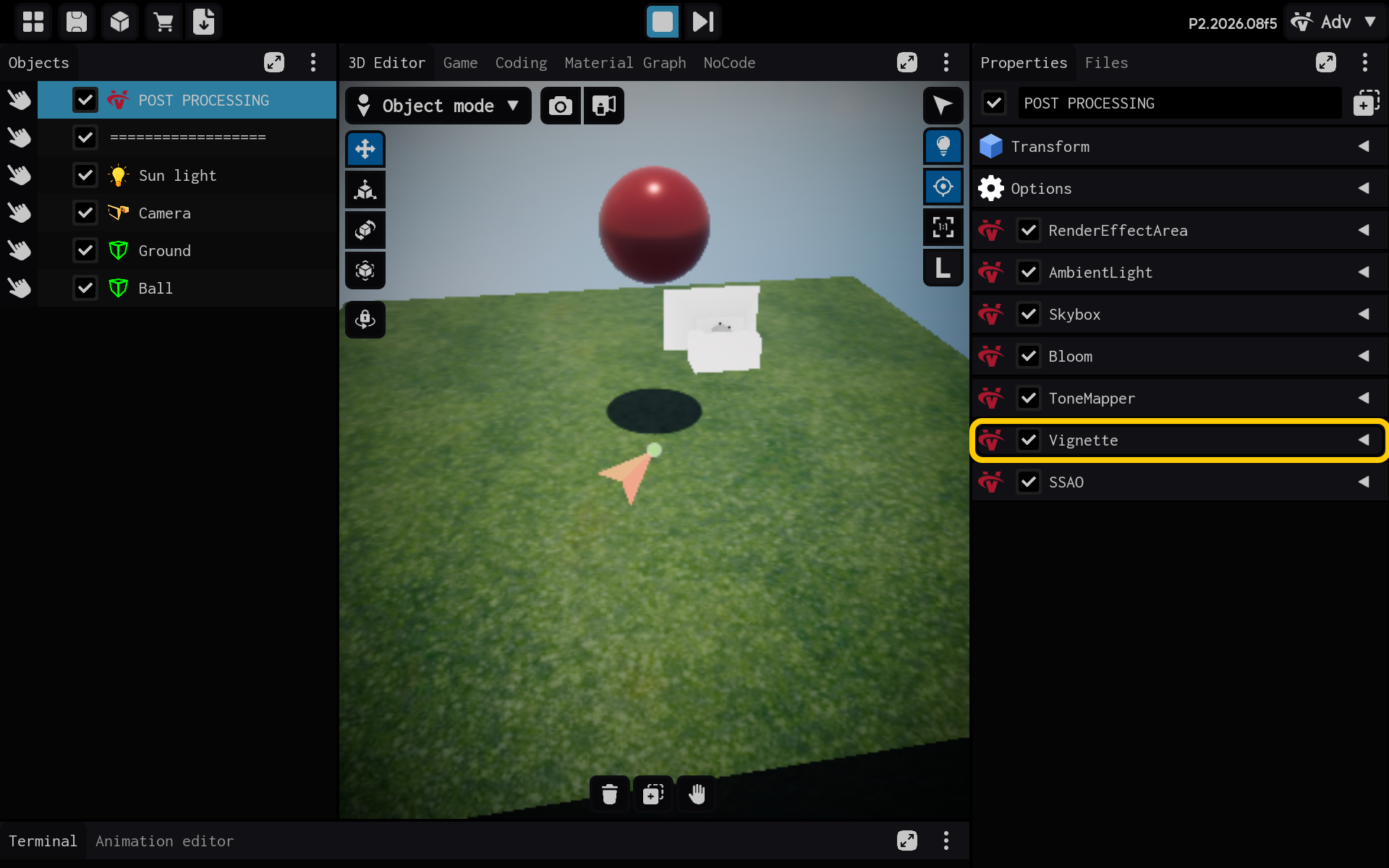 Select the Vignette component to view its settings.