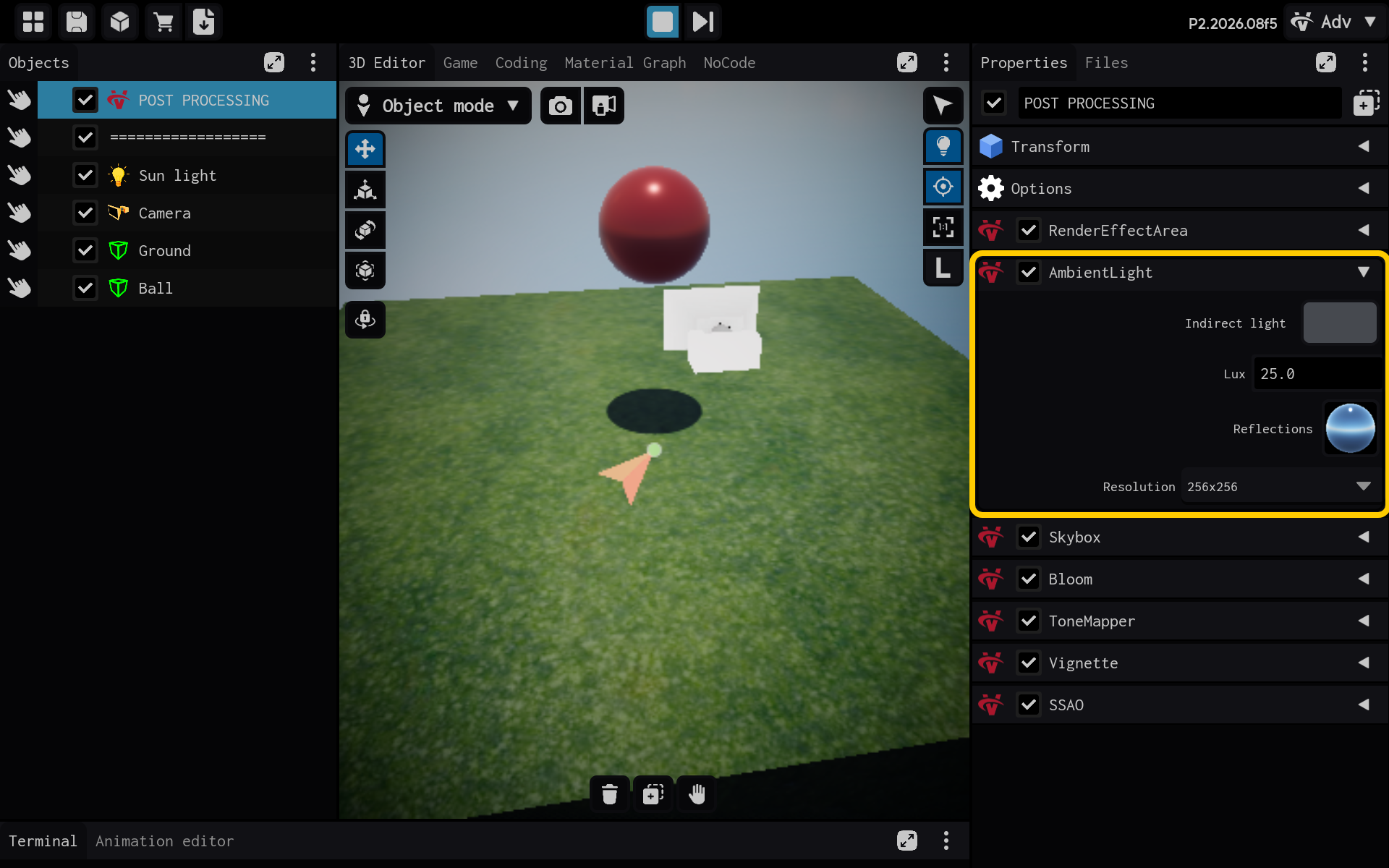 AmbientLight settings are visible in the Properties panel.