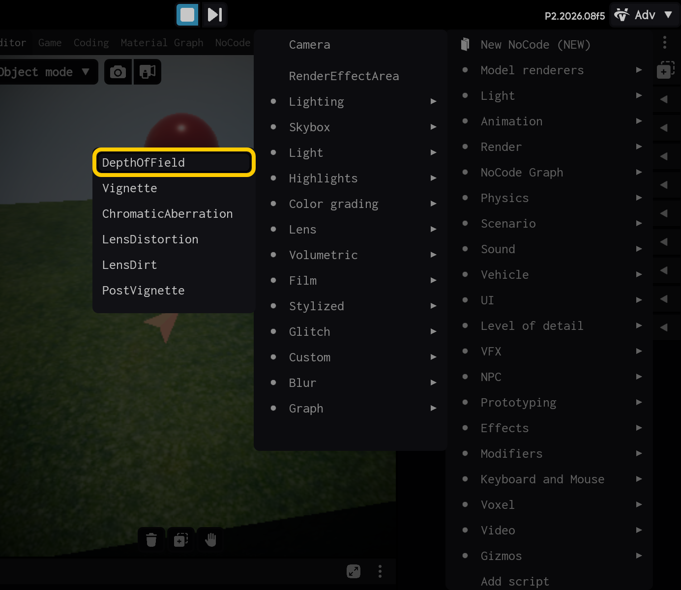 Select the DepthOfField component.