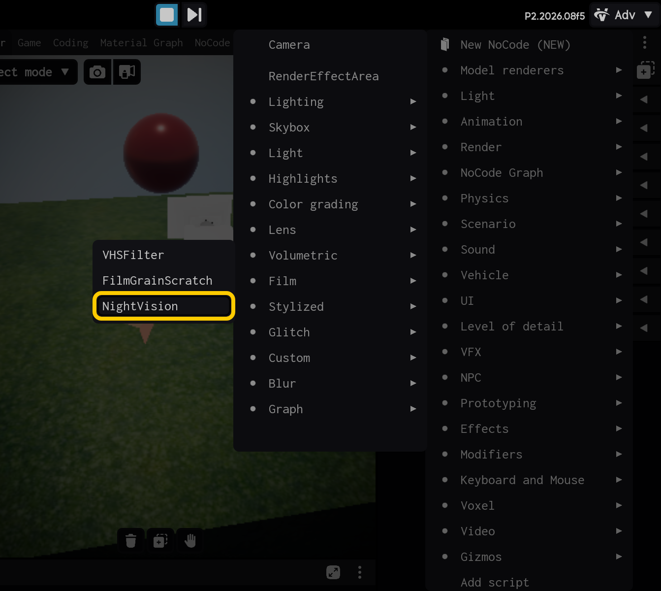 Select the NightVision component.
