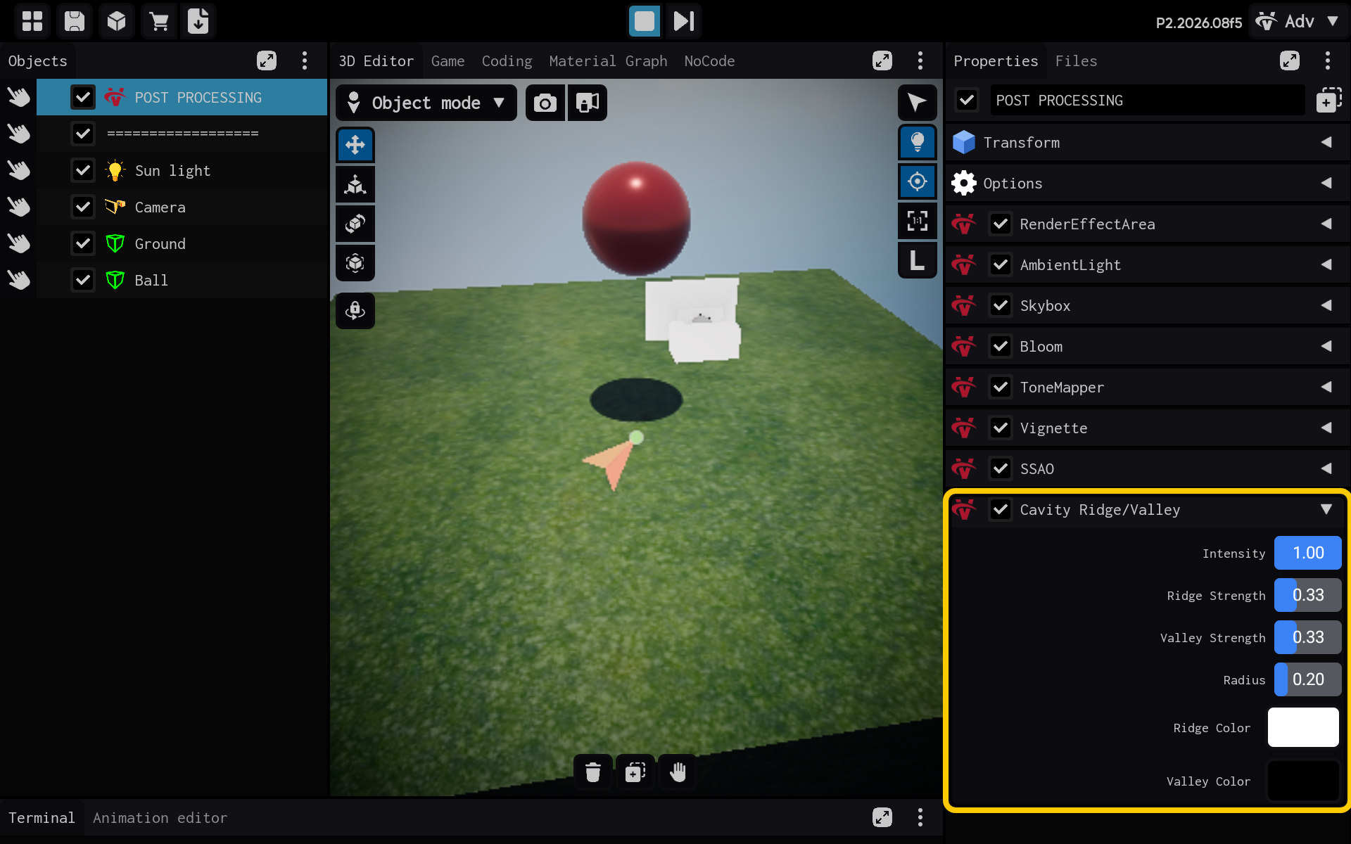 Cavity Ridge/Valley settings are visible in the Properties panel.