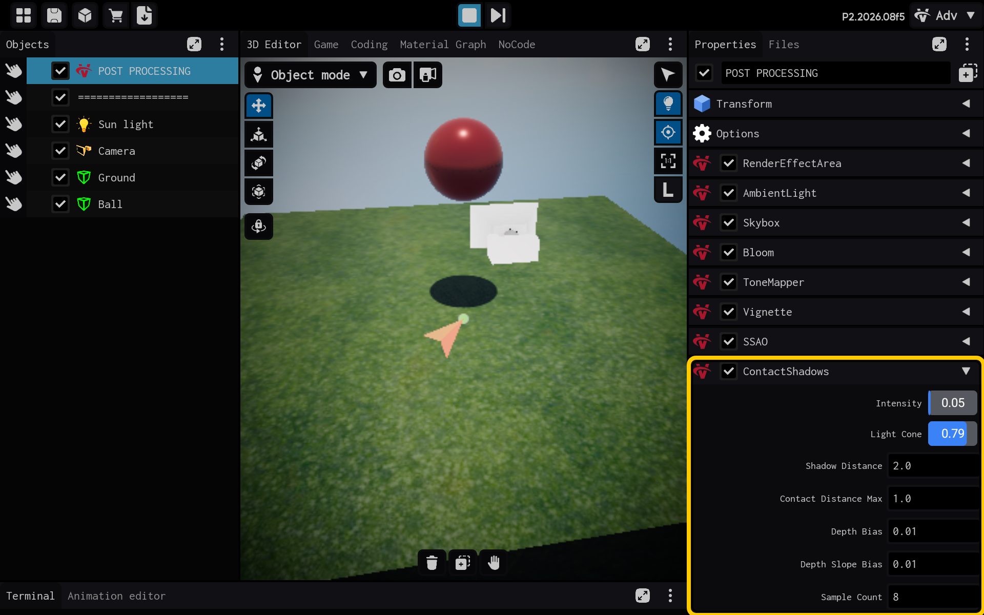 Contact Shadows settings are visible in Properties.