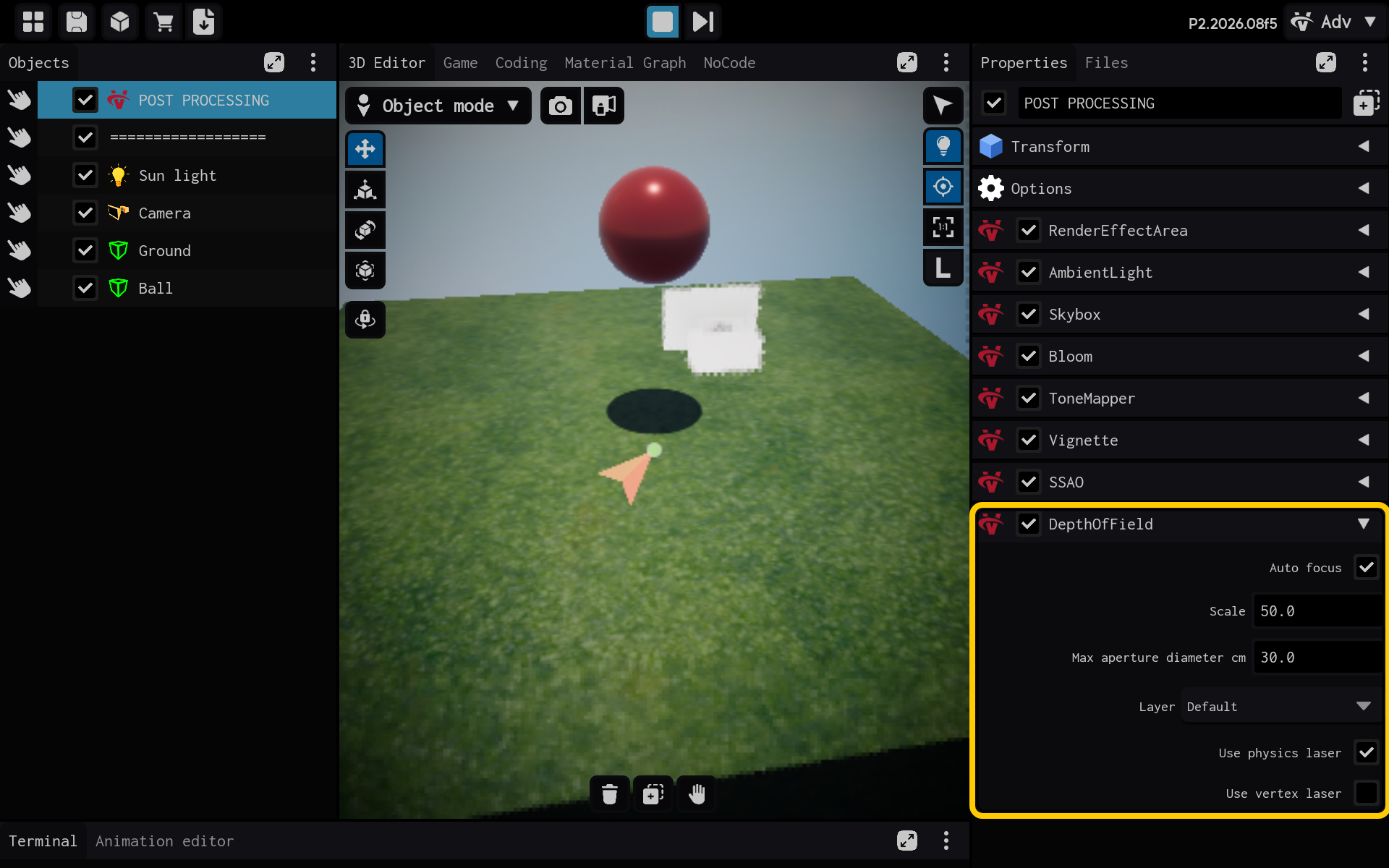 DepthOfField settings are visible in Properties.