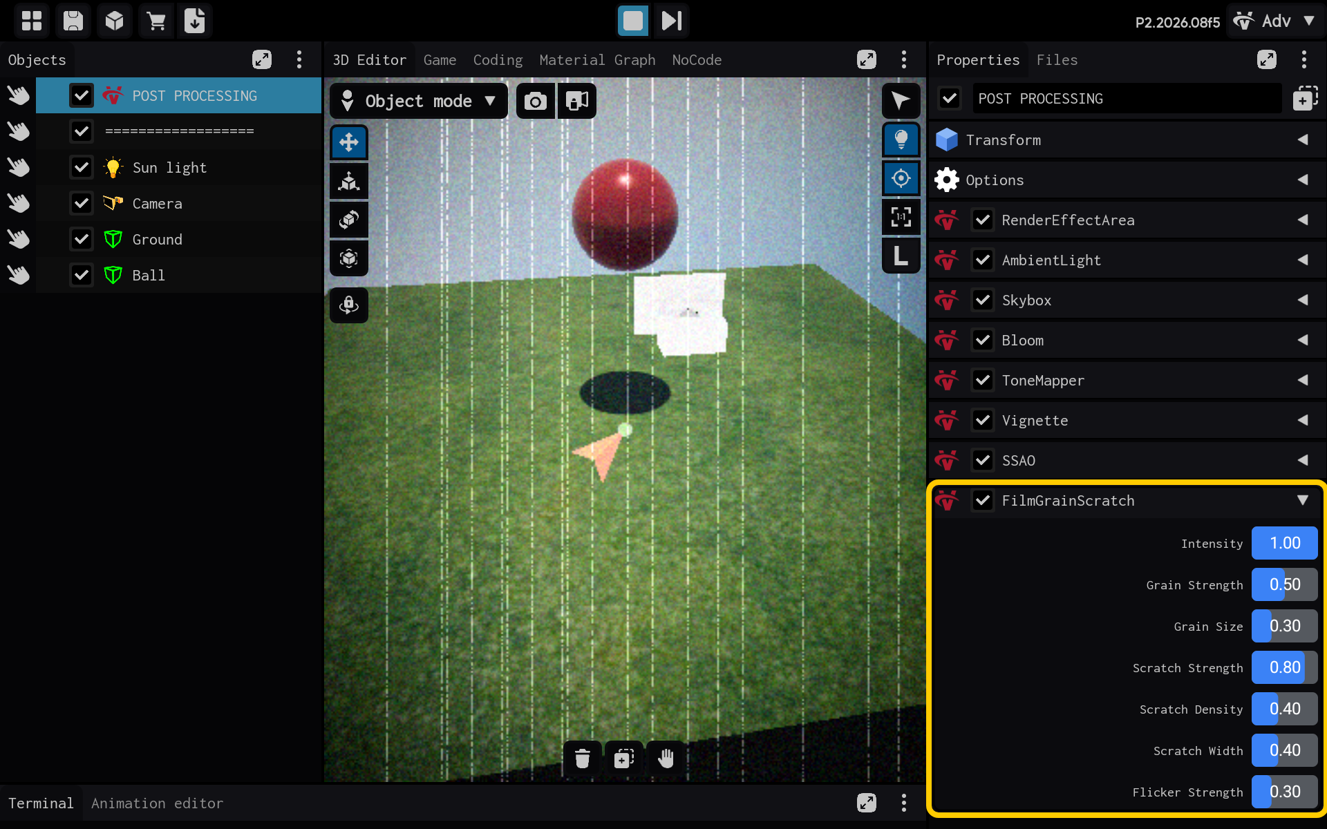 FilmGrainScratch settings are visible in Properties.