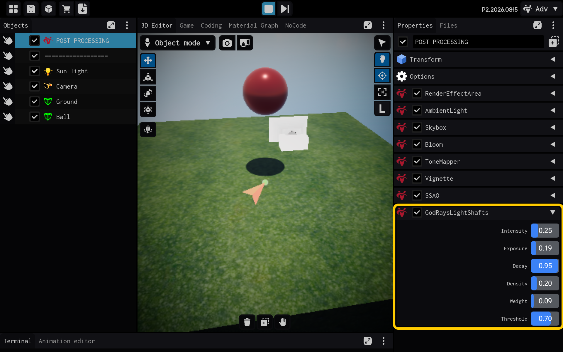 GodRaysLightShafts settings are visible in Properties.