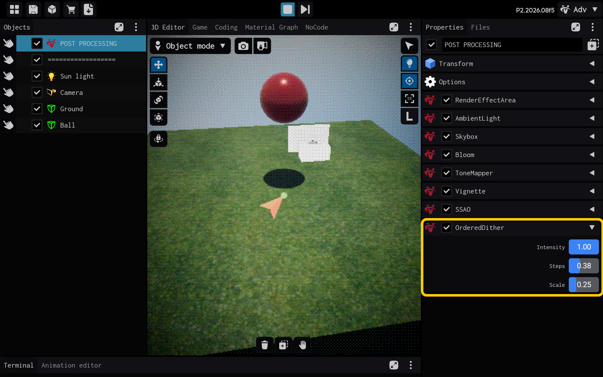 OrderedDither settings are visible in Properties.