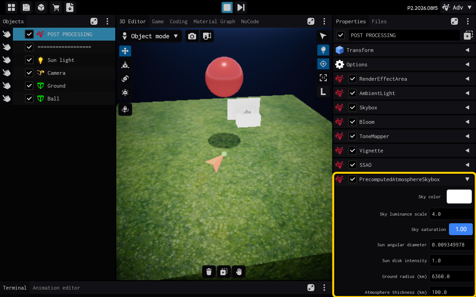 PrecomputedAtmosphereSkybox settings are visible in Properties.