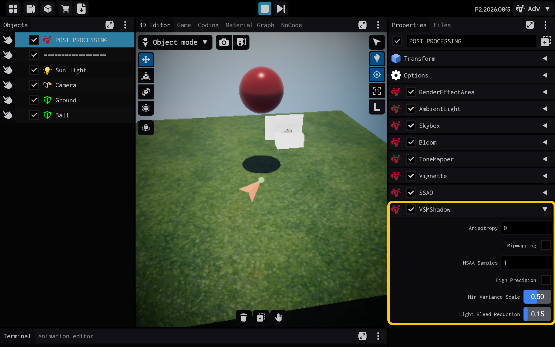 VSMShadow settings are visible in Properties.