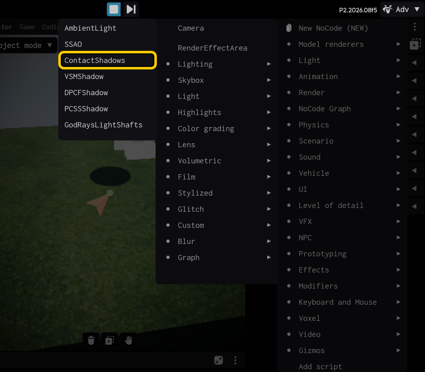 Selecione o componente Contact Shadows.