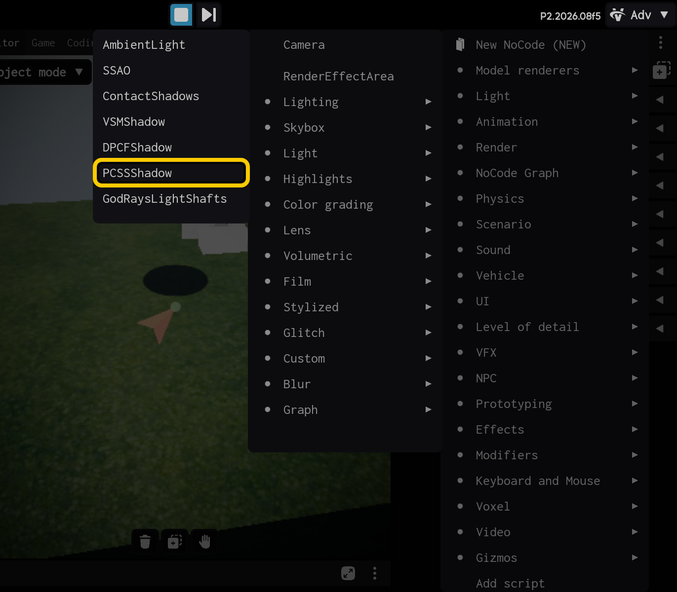 Selecione o componente PCSSShadow.