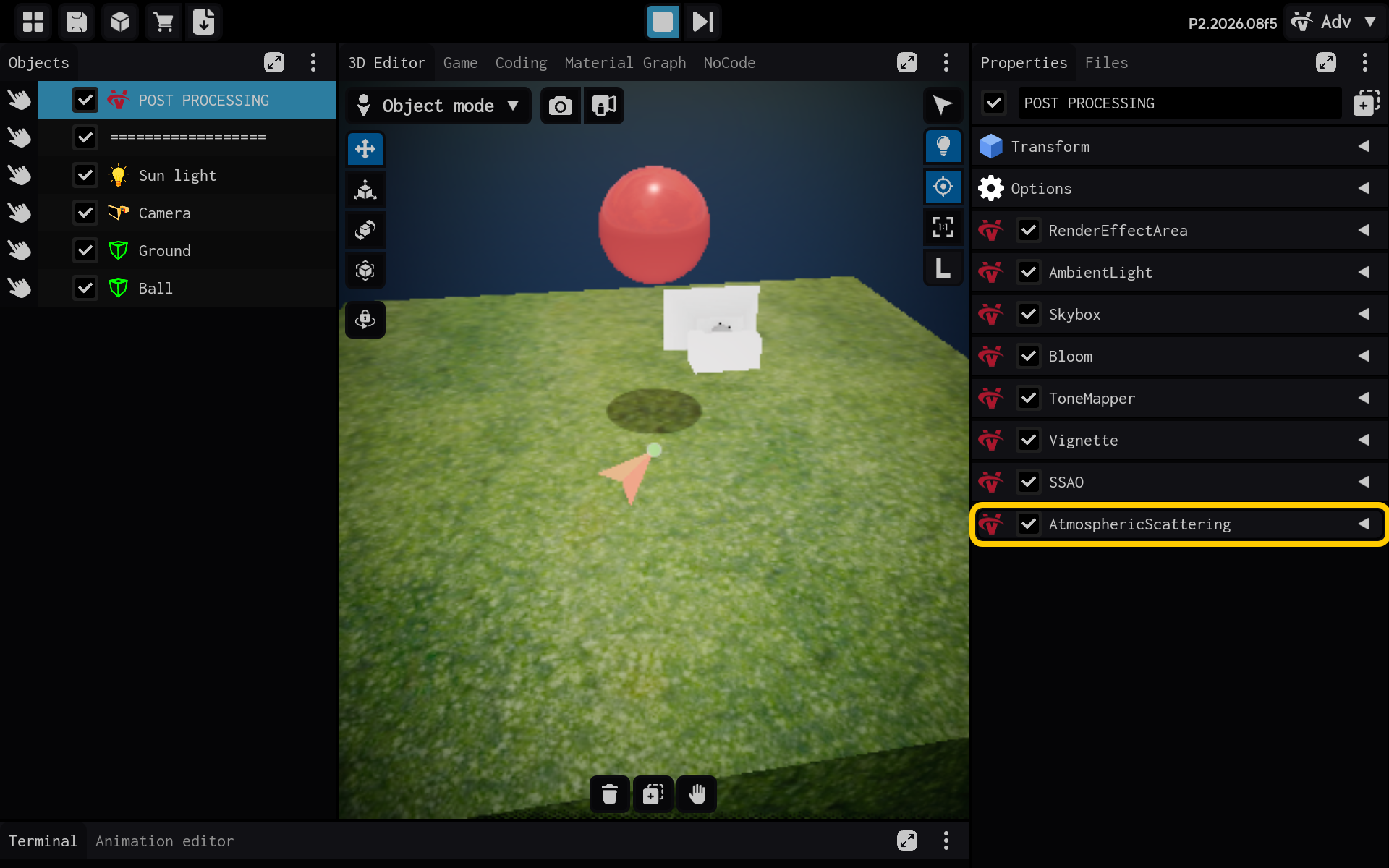 Selecione o componente AtmosphericScattering para visualizar suas configurações.