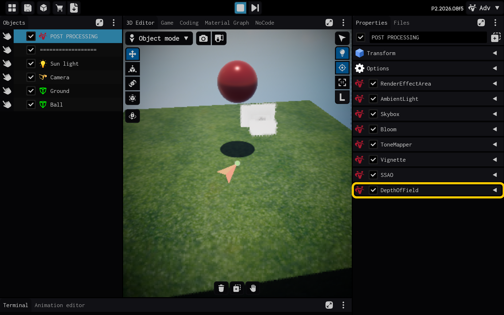 Selecione o componente DepthOfField para visualizar suas configurações.