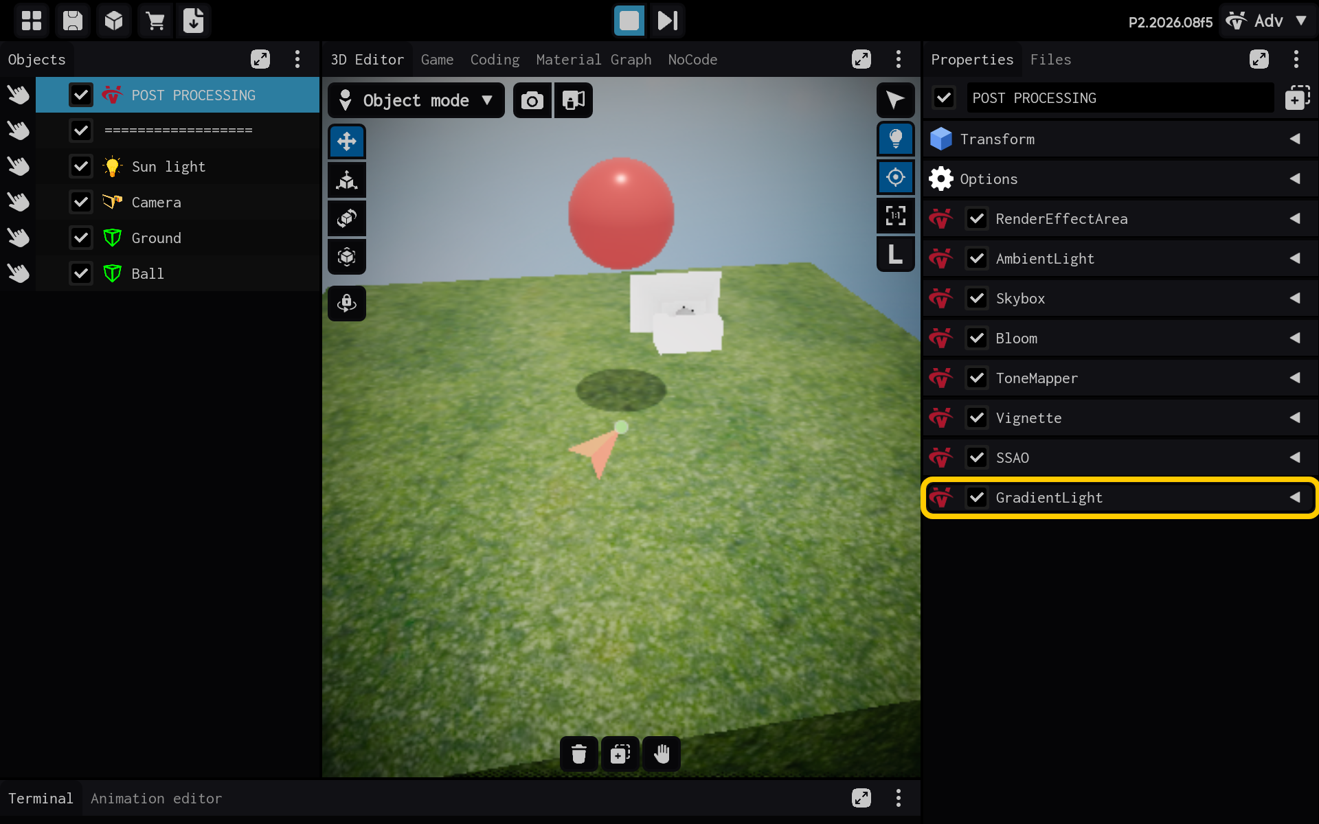 Selecione o componente GradientLight para visualizar suas configurações.
