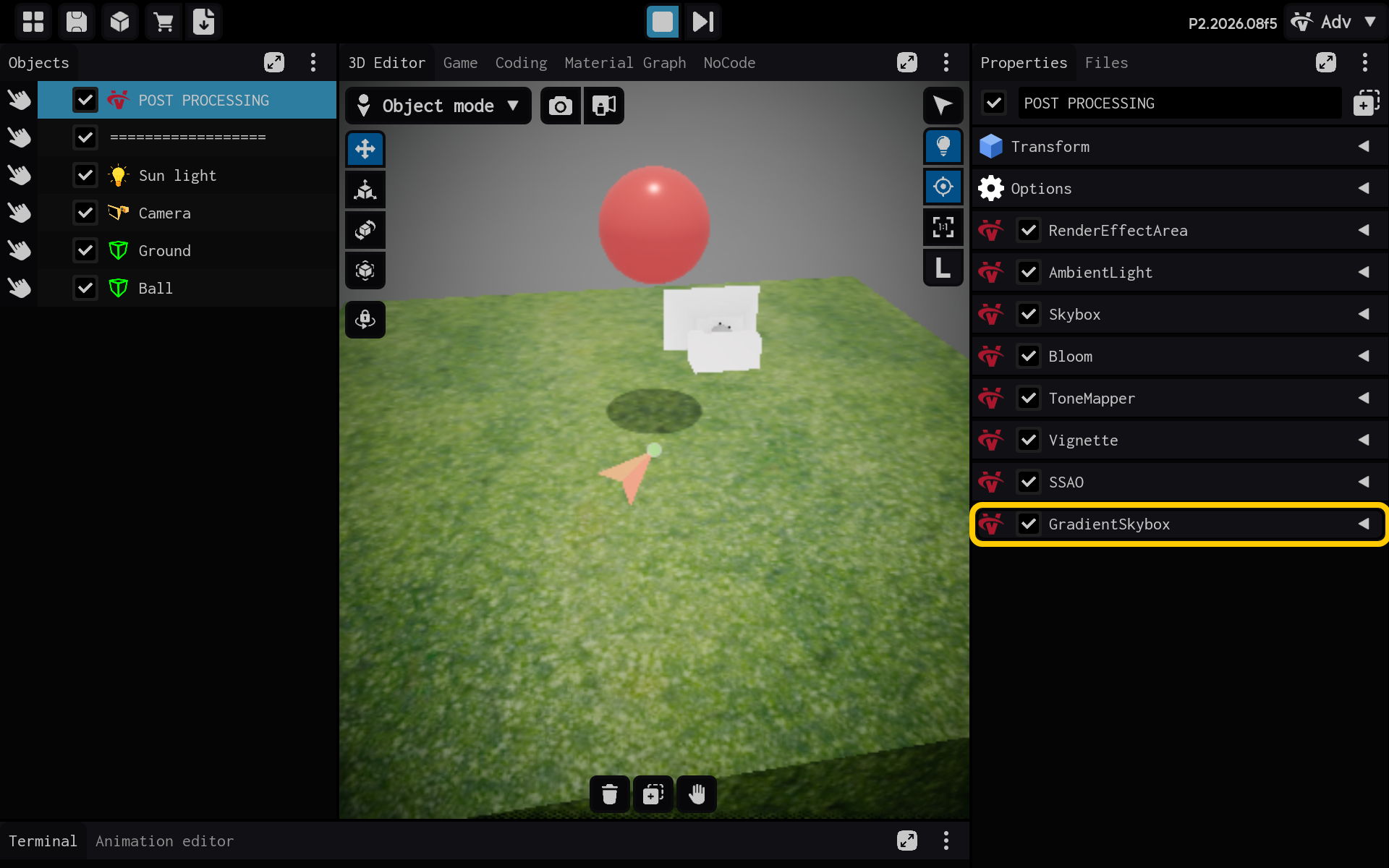 Selecione o componente GradientSkybox para visualizar suas configurações.