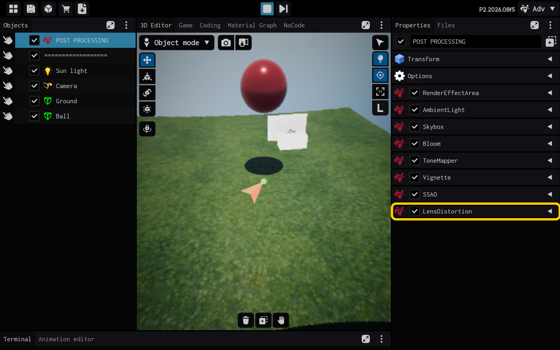 Selecione o componente LensDistortion para visualizar suas configurações.