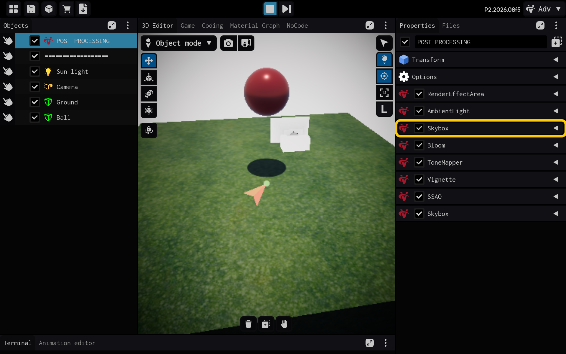 Selecione o componente Skybox para visualizar suas configurações.