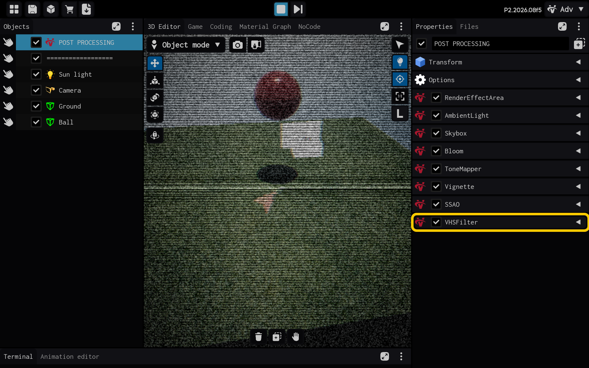 Selecione o componente VHSFilter para visualizar suas configurações.