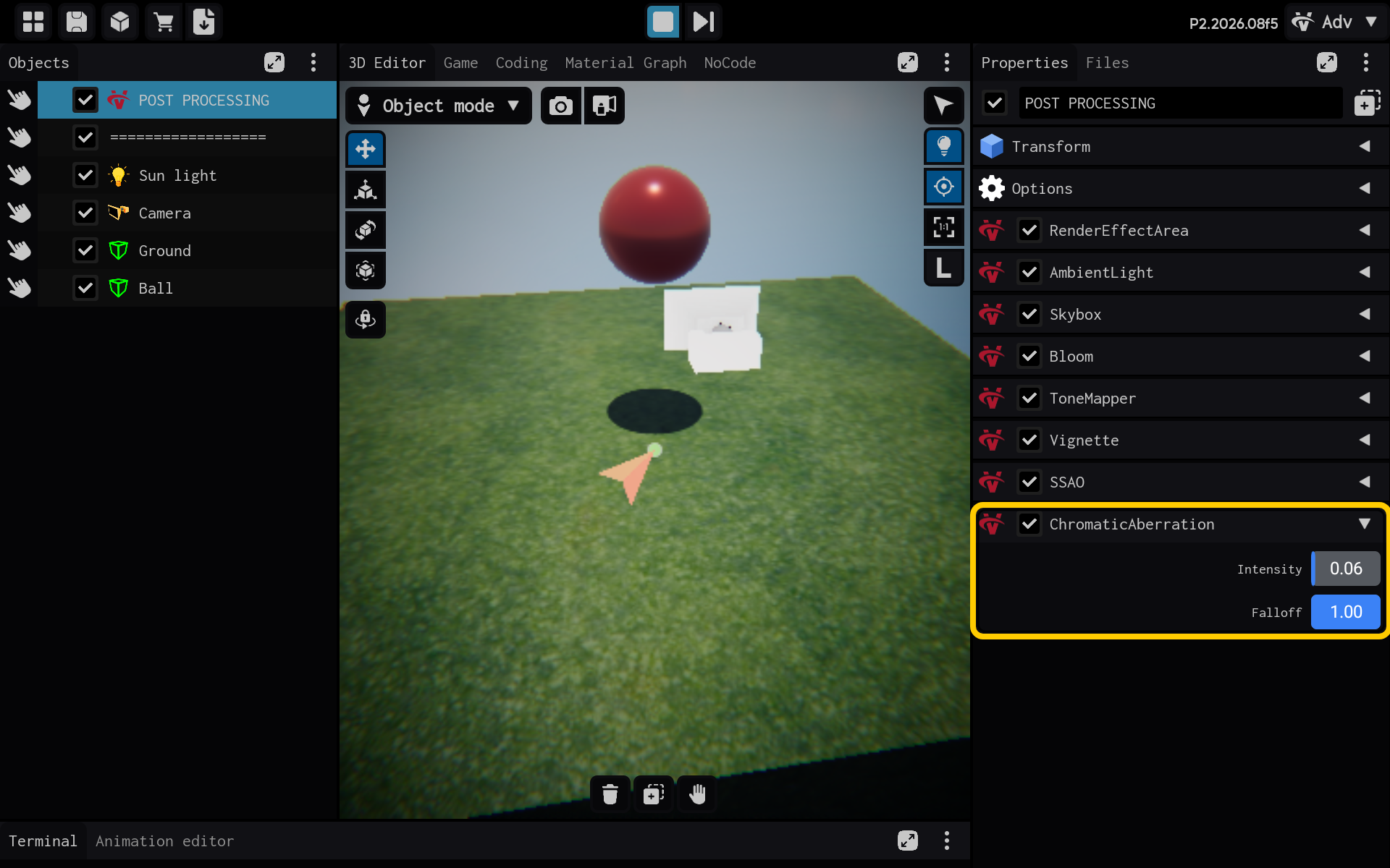 As configurações de Chromatic Aberration estão visíveis em Properties.