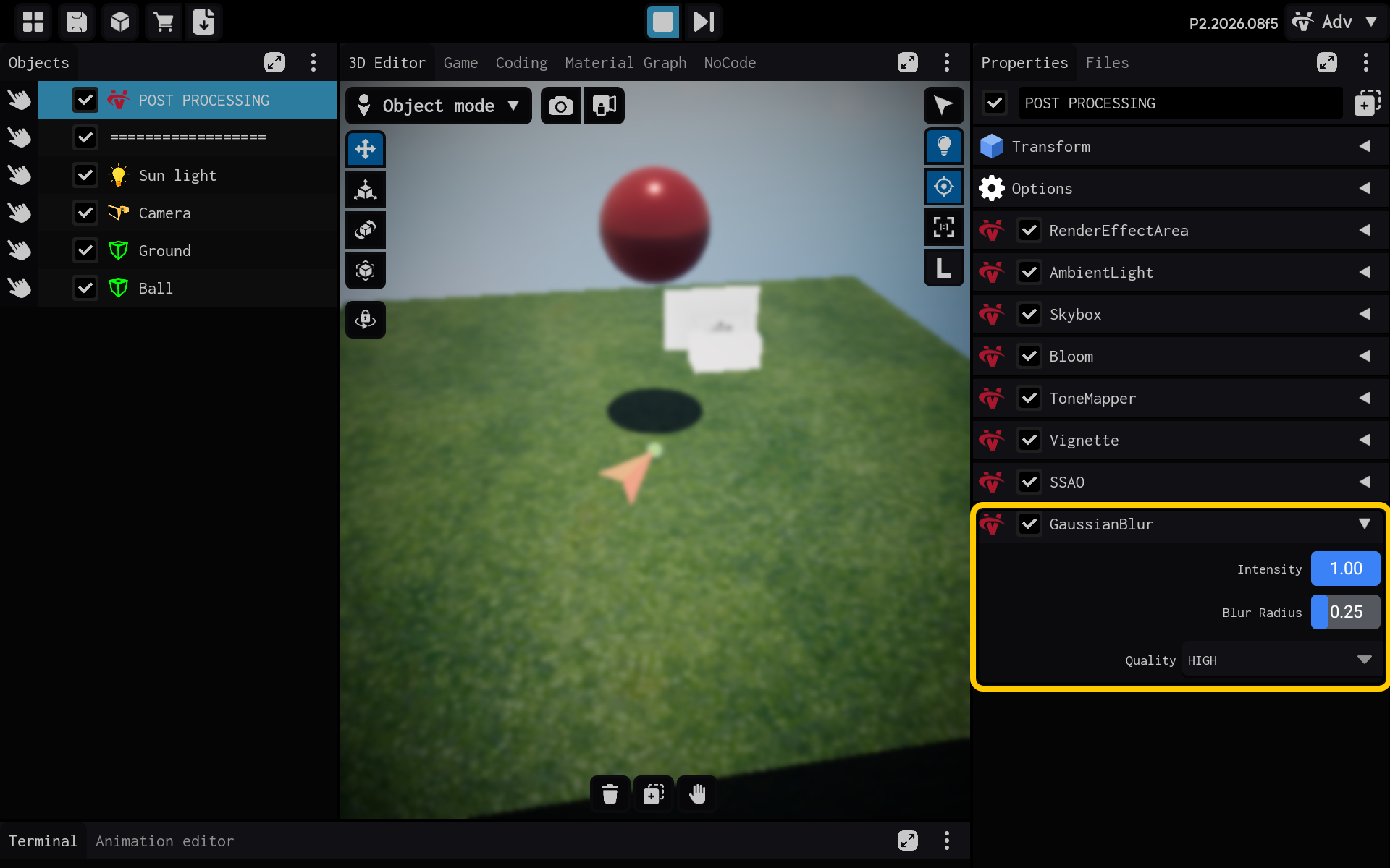 As configurações de GaussianBlur estão visíveis em Properties.
