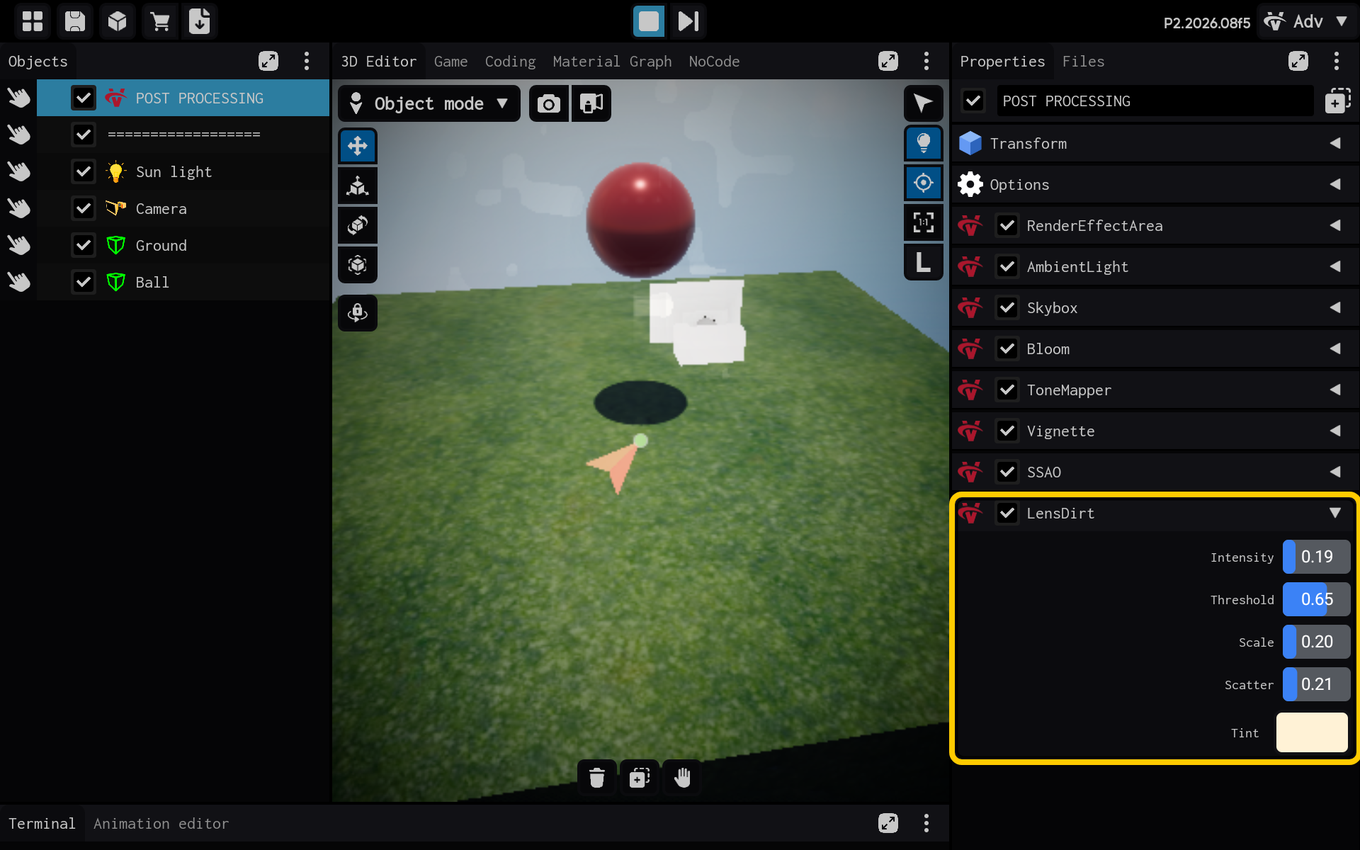 As configurações de LensDirt estão visíveis em Properties.