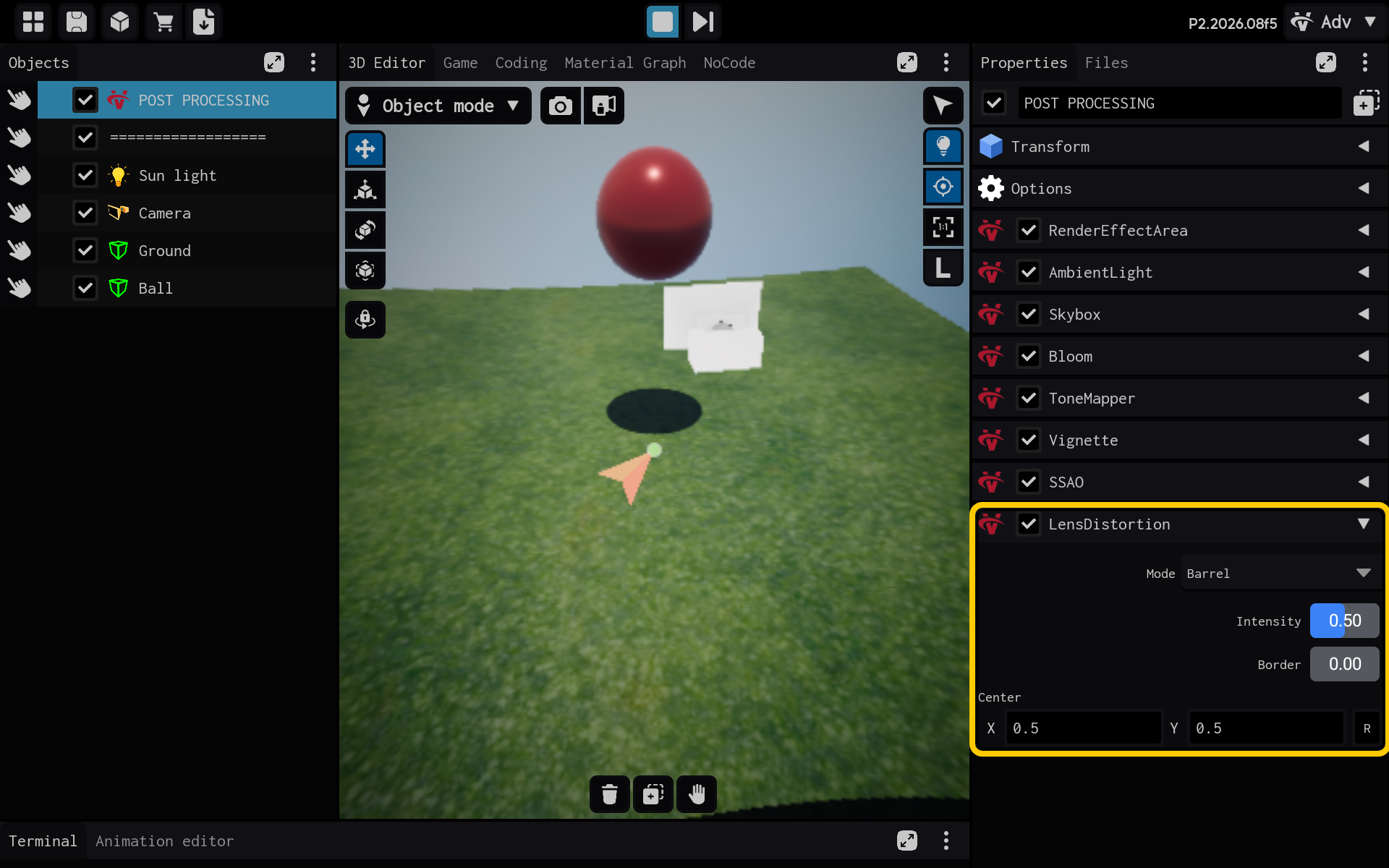 As configurações de LensDistortion estão visíveis em Properties.