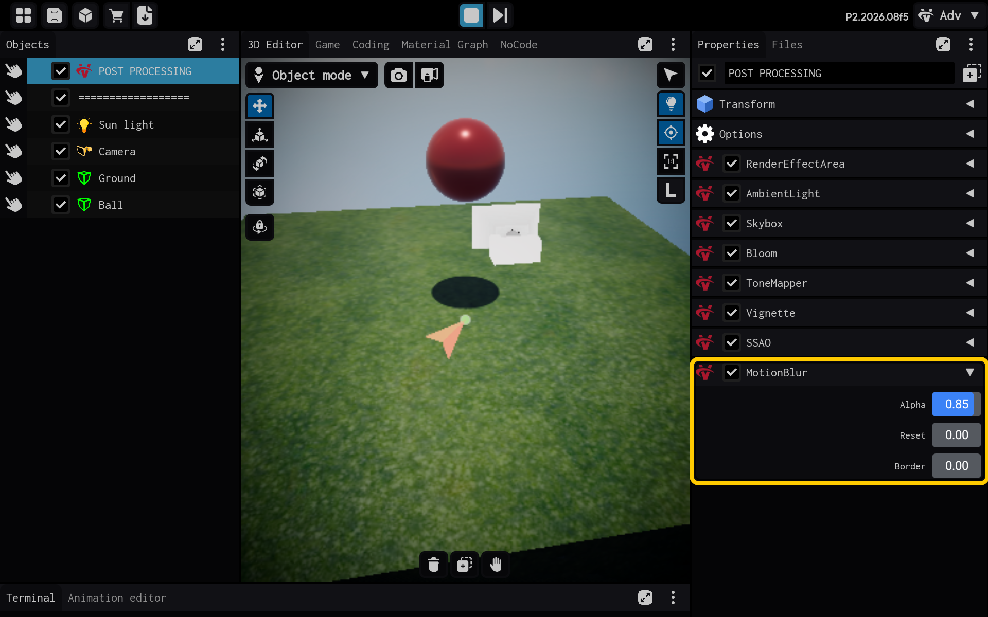 As configurações de MotionBlur estão visíveis em Properties.