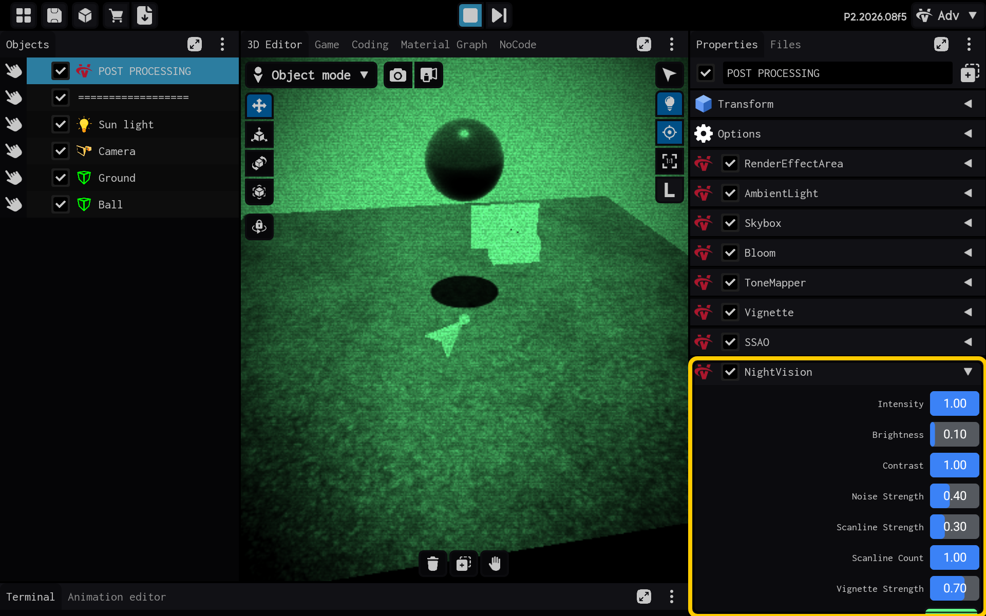 As configurações de NightVision estão visíveis em Properties.