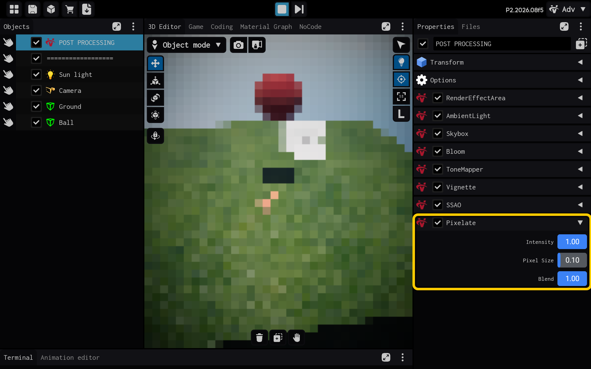 As configurações de Pixelate estão visíveis em Properties.