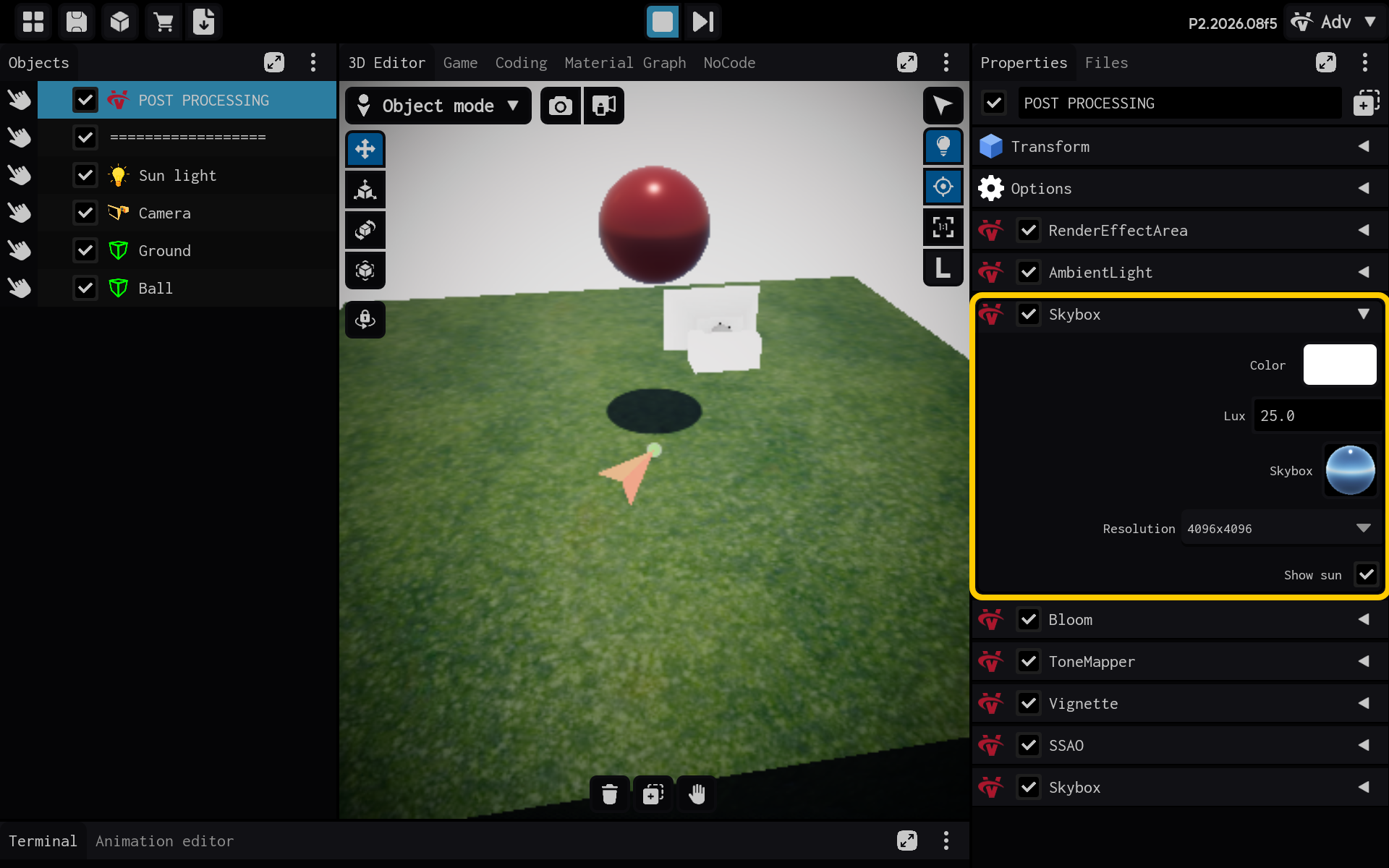 As configurações de Skybox estão visíveis no painel Properties.